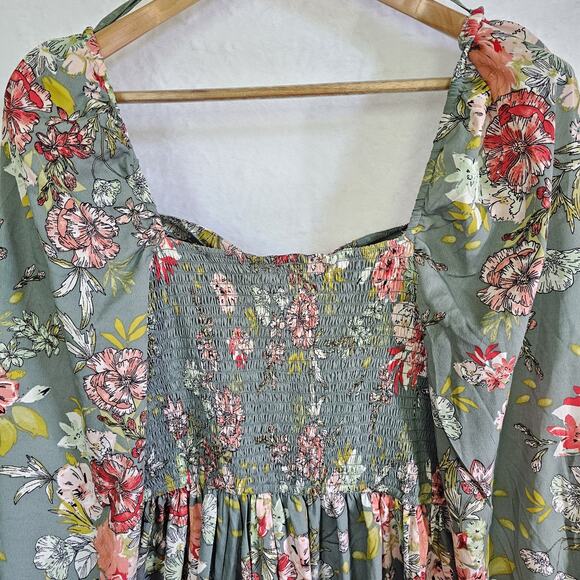 BOG Collective Dress L Green Milkmaid Peasant Floral Cottagecore Smocked Boho - Picture 8 of 15